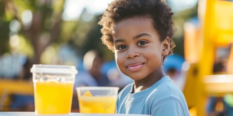 Wall Mural - An adorable toddler holding a glass of juice, smiling happily in an amusement park.