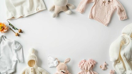 Baby clothes and accessories are arranged on a light background with ample space for text