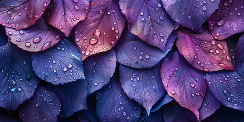 A close up of purple leaves with water droplets on them