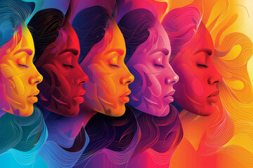 Wall Mural - A colorful painting of women's faces with a blue background
