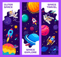 Wall Mural - Space travel banners with kid astronaut characters. Outerspace adventure, cosmos travel or astronomy exploration cartoon vector banners with boy in spacesuit flying in outer space among planets