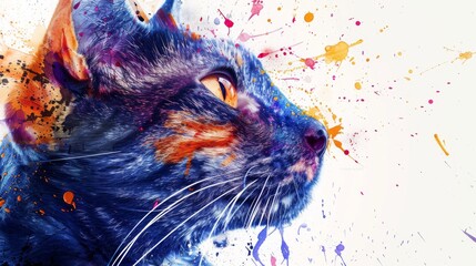Wall Mural - Colorful Cat Portrait with Paint Splatter