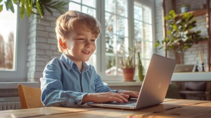 Canvas Print - The boy using laptop indoors