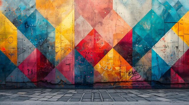 An edgy urban wall background with intricate graffiti art, featuring a mix of street art elements like murals, tags, and geometric shapes, vivid colors and high contrast, lively and bold design