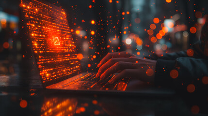a person working on a computer, with showing an email icon symbols on the screen