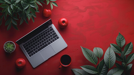 Poster - A laptop is on a red table with a cup of coffee and two apples. The table is surrounded by green leaves, giving the scene a natural and calming atmosphere