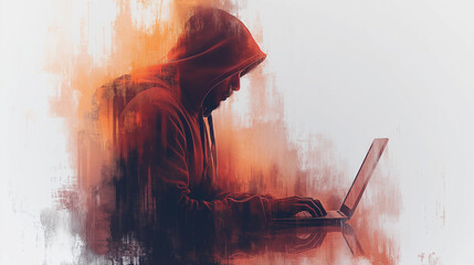 Poster - A man is typing on a laptop in a hoodie. The image has a moody and mysterious feel to it, as if the man is hiding something or is involved in some secretive activity