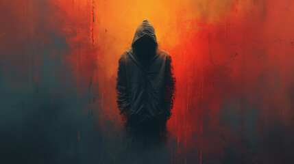 Poster - A hooded figure stands in front of a red background. The image has a dark and mysterious mood, with the hooded figure appearing to be hiding or concealing something