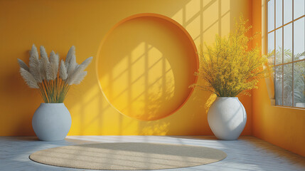 Poster - A room with a yellow wall and white vases with yellow flowers. The room has a circular shape and a white rug