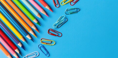 close up view of colorful paper clips near pencil on blue, banner.