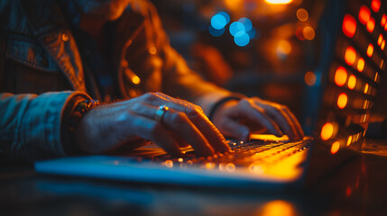 Poster - A man  typing on a laptop with a red light background.