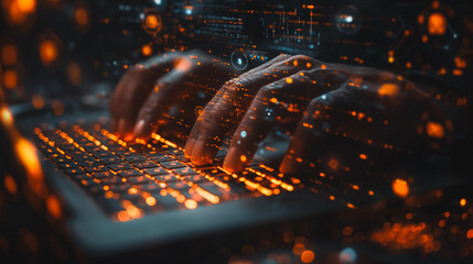 Poster - A person is typing on a keyboard with a glowing, abstract background. Concept of technology and modernity, as well as the idea of being connected to the digital world