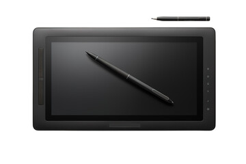 A Black Stylus Rests Atop a Sleek, Modern Graphics Tablet on a Clear PNG or White Background.