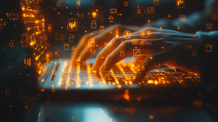 Poster - A man  working on his laptop with coding libraries on the screen , symbolizing advanced future technology.