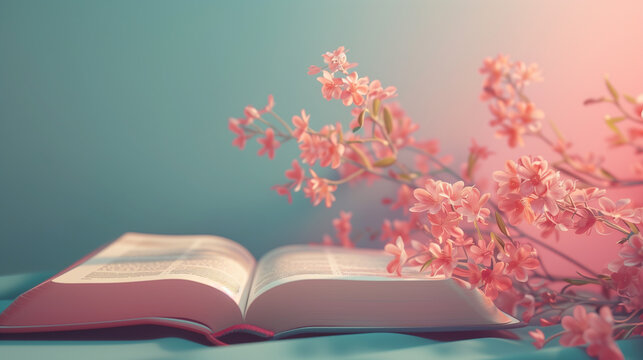 Open Bible with Pink Flowers on Soft Blue Background