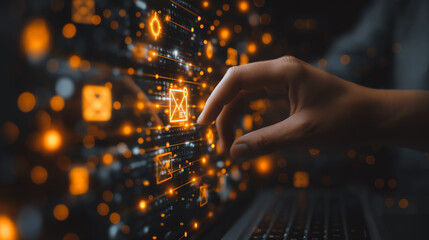 Poster - a person using finger to press the send button on an email icon symbols