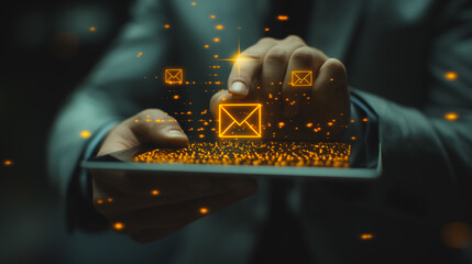 Poster - a person working on a tablet, using finger to press the send button on an email icon symbols