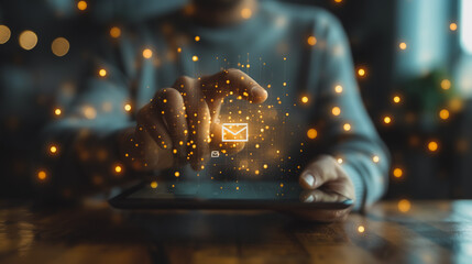Poster - a person working on a tablet, using finger to press the send button on an email icon symbols