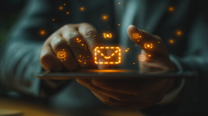 Poster - a person working on a tablet, using finger to press the send button on an email icon symbols