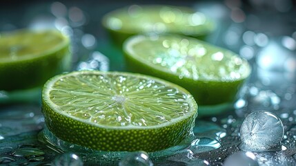 Canvas Print - Close-up of a Lime Sliced and Dripping with Water