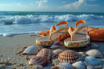 A close-up of flip-flops and a beach towel laid out on the sand, with seashells scattered around. 