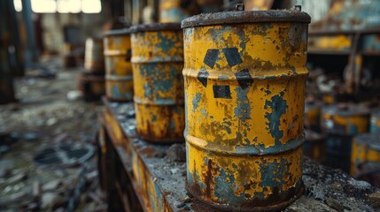 Rusty Yellow Barrels in an Abandoned Factory