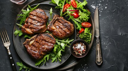 Wall Mural - Juicy meat steaks served with a refreshing salad, captured from above on a dark table