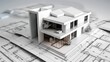 © Tasnim - 3D architectural model of a modern house placed on top of detailed blueprints, representing construction planning.