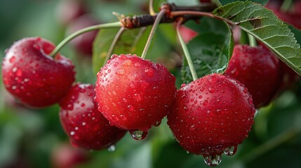 Sticker - Ripe Cherries on a Branch Glistens with Rain