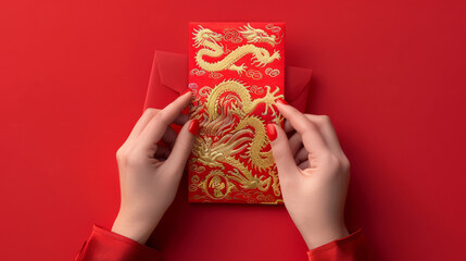 Wall Mural - Closeup of hands holding a traditional chinese red envelope, Chinese New Year concept