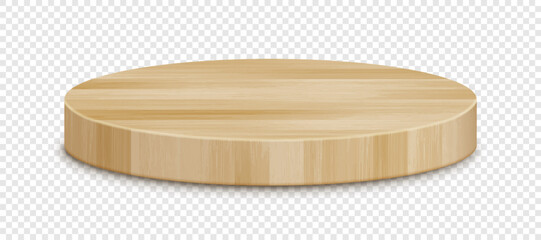 Vector 3d wooden circle podium. Round empty wood pedestal with shadow on transparent background. Natural product display presentation scene template design element.