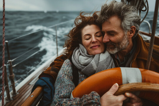 Couple on a boat in the ocean during a storm made with generative AI technology