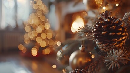 Poster - closeup christmas tree with christmas elements decoration blurred fireplace in background garland lights and golden bokeh.