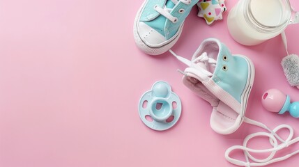 Stylish baby shoes, a pacifier, a rattle, and a bottle of milk are displayed on a pink background with space for text