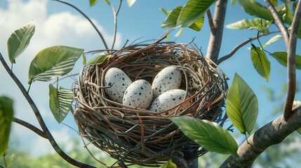 Bird's nest with eggs on a tree branch in a lush green environment, close-up. Nature and wildlife concept