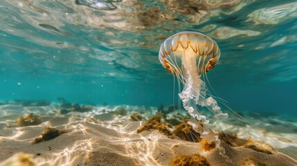 Poster - Jellyfish swimming solo underwater with sandy bottom backdrop