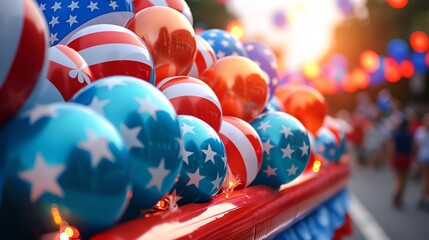 Patriotic balloons with American flag designs at an outdoor celebration event, perfect for Independence Day or a festive patriotic celebration.