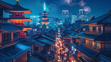Wall Mural - a image about Japan summer Festival, night, with fireworks in the sky, japanese travel poster