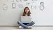 © mongkonchai - A girl sits at an area with a laptop studying all things science and math. Archive of online education, on a white background