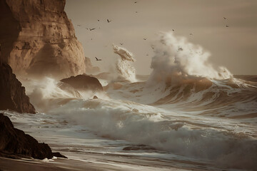 Wall Mural - waves crashing on rocks