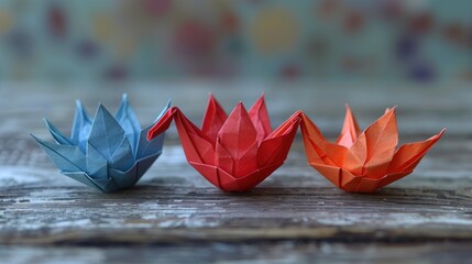 Poster - Three Origami Lotus Flowers on a Wooden Surface