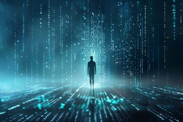 An artificial intelligence computer network cyberspace is walked by a man.