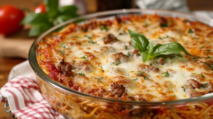 Wall Mural - Savory spaghetti pie with melted cheese, ground beef, and a zesty tomato sauce, all baked to perfection in a dish