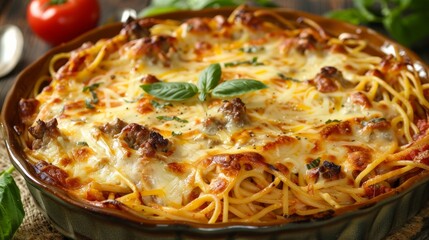 Wall Mural - Savory spaghetti pie with melted cheese, ground beef, and a zesty tomato sauce, all baked to perfection in a dish