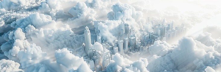 An original rendering of a scattering of clouds over a mega-city; urban and futuristic technology concepts