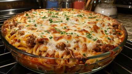 Savory spaghetti pie with melted cheese, ground beef, and a zesty tomato sauce, all baked to perfection in a dish
