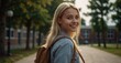 © Hashim - Smiling high school girl with backpack, blonde, looking at camera, 4K 50mm.
