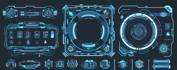 Poster - A futuristic science element on a HUDS screen, a mega tech hologram frame chart on the right side, digital interface control panels for digital VR monitors, garish modern illustration for a cyberpunk