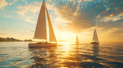 From various angles, sailboats glide across sparkling waters, their billowing sails a symbol of summer adventure.