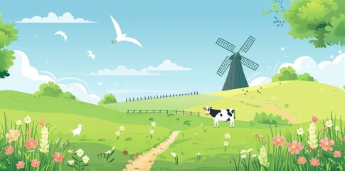 Wall Mural - Fields and animals in a rural summer landscape with a meadow and farm buildings. Illustration of a modern country scene.